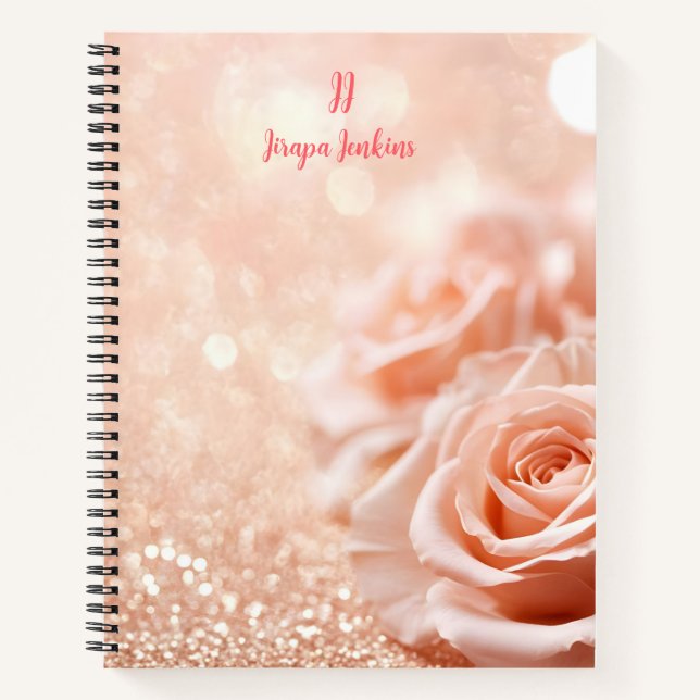 Cuaderno Rosa de oro Purpurina Monograma fondo y Rosa (Anverso)