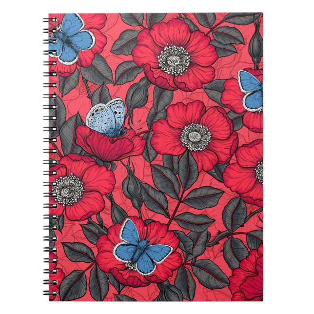 Cuaderno Rosa de perro y mariposas en rojo y azul (Frente)
