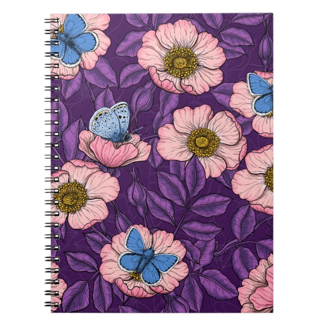 Cuaderno Rosa de perro y mariposas en rosa y púrpura (Frente)