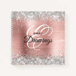 Cuaderno Rosa de Purpurina de Plata Monograma de Dibujo de 