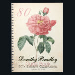 Cuaderno Rosa de Vintage Blooming 80th Birthday Guest Book<br><div class="desc">Personalizable 80th Birthday party spiral libro invitado con Vintage Botanical Watercolour de una suave rosa roja floreciente de Pierre-Joseph Redouté. Puede cambiar fácilmente el texto (color, fuente, tamaño y posición) haciendo clic en el botón personalizar o personalizar. Invitación de cumpleaños, caja de favores de cumpleaños, suministros de fiesta (placa de...</div>