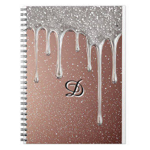 Cuaderno Rosa Dorado Brillo Goteo Monograma de Nombre Perso