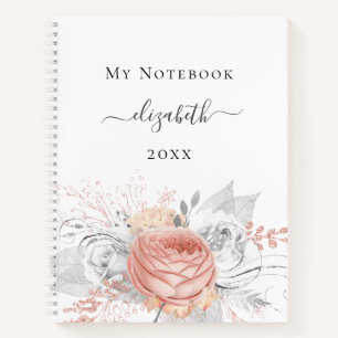 Cuaderno Rosa dorado floral plata follaje nombre blanco
