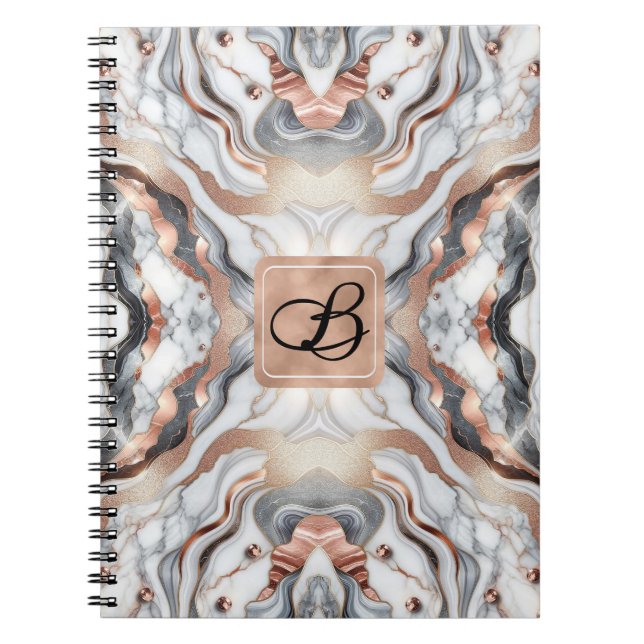 Cuaderno Rosa dorado Glam femenino y mármol blanco plateado (Frente)