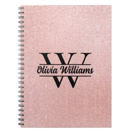 Cuaderno Rosa Dorado Glitter Monograma | Brillo Moderno Fem