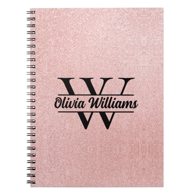 Cuaderno Rosa Dorado Glitter Monograma | Brillo Moderno Fem (Frente)