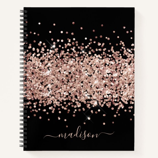 Cuaderno Rosa Dorado Glitter Rosa Negro Monograma Femenino (Anverso)