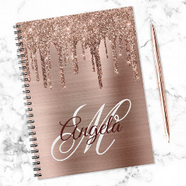 Cuaderno Rosa Dorado Monograma Elegante con Brillo de Lámin