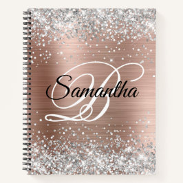 Cuaderno Rosa Dorado Purpurina Monograma Elegante Plateada