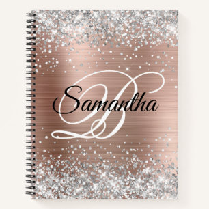 Cuaderno Rosa Dorado Purpurina Monograma Elegante Plateada