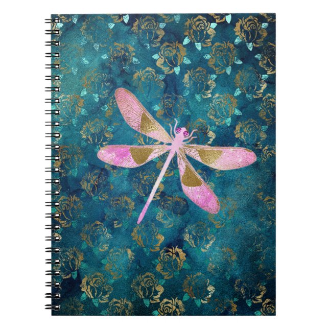 Cuaderno Rosa Dragonfly de oro sobre fondo floral turquesa (Frente)