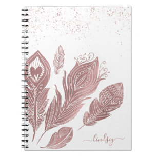 Cuaderno Rosa Elegante Plumas Brillo Falso Personalizado