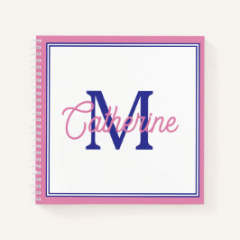 Cuaderno Rosa Elegante y Monograma Simple Azul Marino