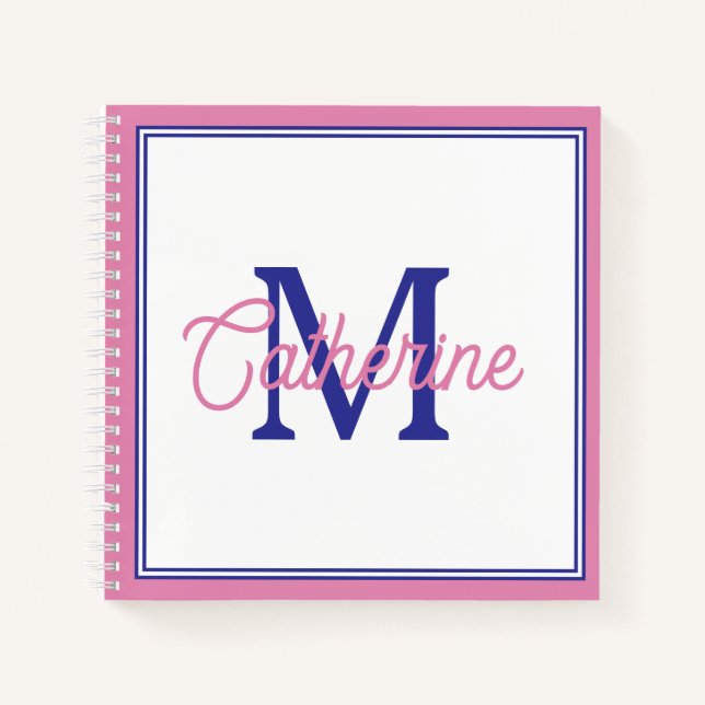 Cuaderno Rosa Elegante y Monograma Simple Azul Marino (Anverso)