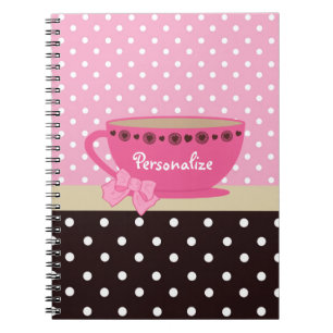 Cuaderno Rosa femenino de la taza de té y arco y nombre del