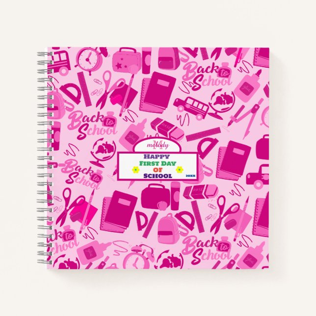Cuaderno rosa femenino Patrón Personalizable de Regreso a C (Anverso)
