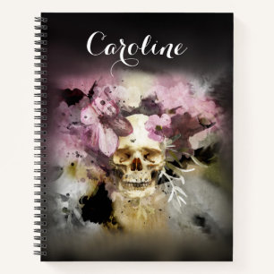 Cuaderno Rosa floral Cráneo de azúcar rosa Nombre