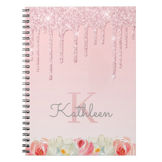 Cuaderno Rosa floral Perforaciones Purpurinas de oro Ombre  (Frente)