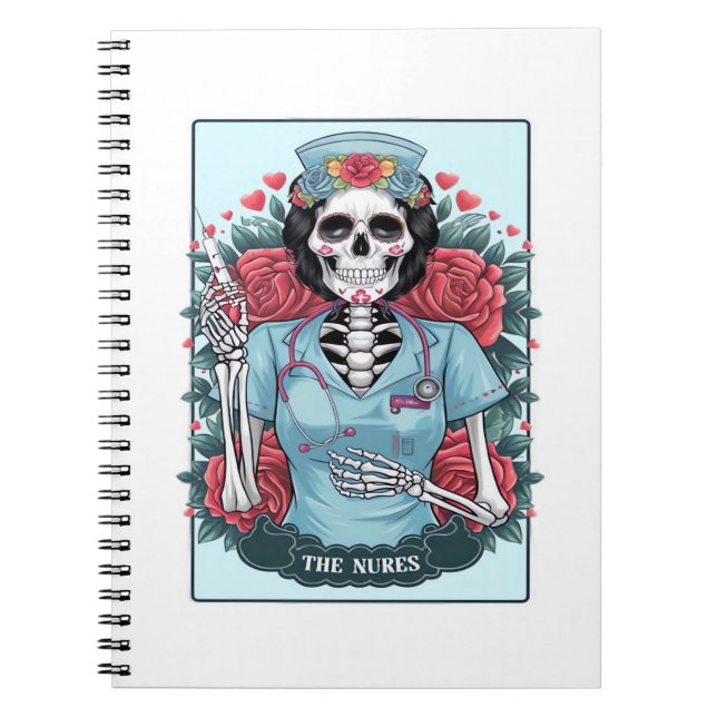 Cuaderno Rosa floral Skeleton Enfermera Tarot Card Hallowee (Frente)