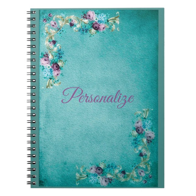 Cuaderno Rosa floral victoriano flores elegantes verde azul (Frente)