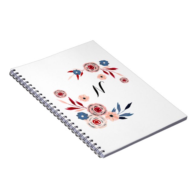 Cuaderno Rosa, flores azules, estampado floral, personaliza (Lado Derecho)