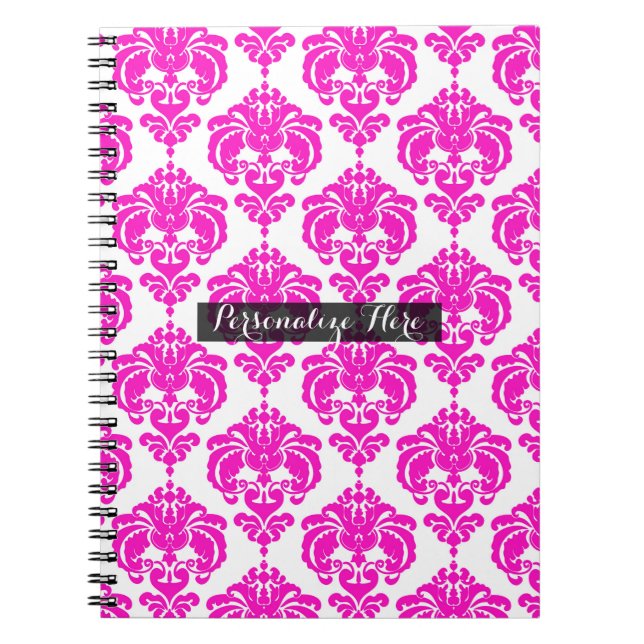 Cuaderno Rosa Fuerte Blanco Damask Chic Patrón Moderno Eleg (Frente)