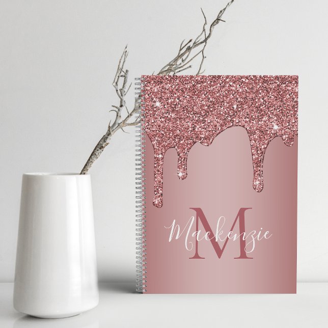 Cuaderno Rosa Girly Gold Sparkle Purpurinas Dris Monograma (Sparkle Drips Rose Gold Monogram Notebook)