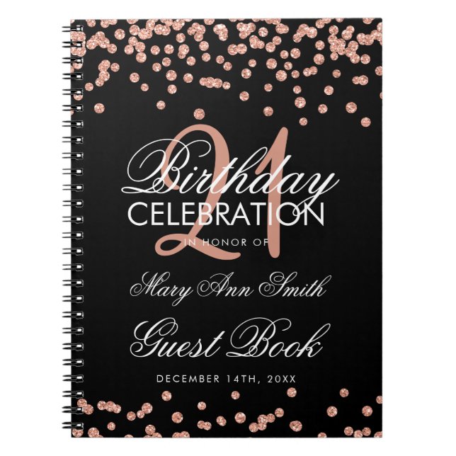 Cuaderno Rosa Gold 21st Birthday Guest Book Confetti Black (Frente)