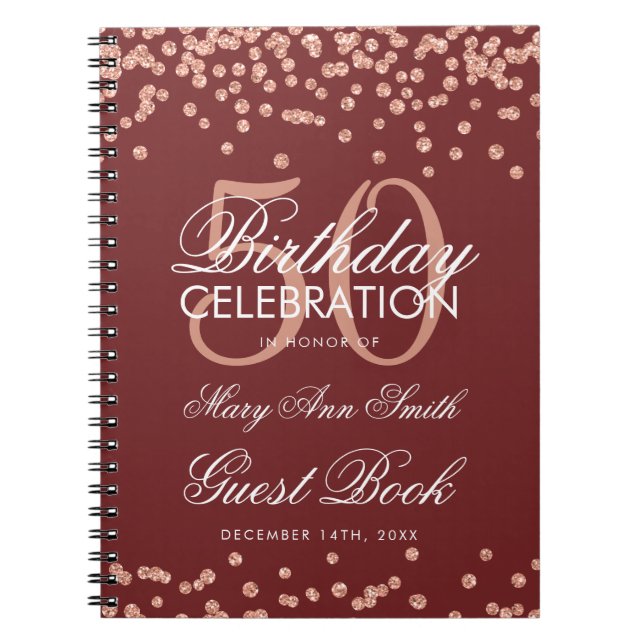 Cuaderno Rosa Gold 50 Birthday Guest Book Confetti Burgundy (Frente)