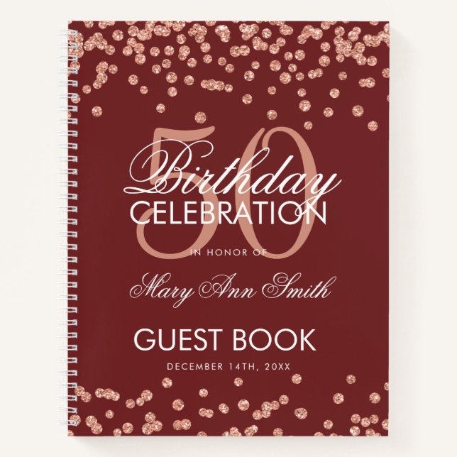 Cuaderno Rosa Gold 50 Birthday Guestbook Confetti Burgundy (Anverso)