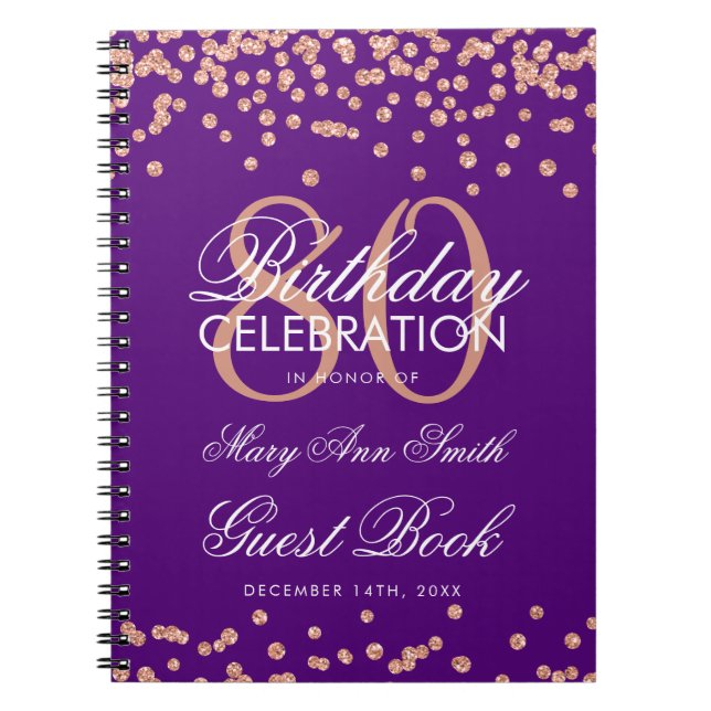 Cuaderno Rosa Gold Purple 80th Birthday Guest Book Confetti (Frente)