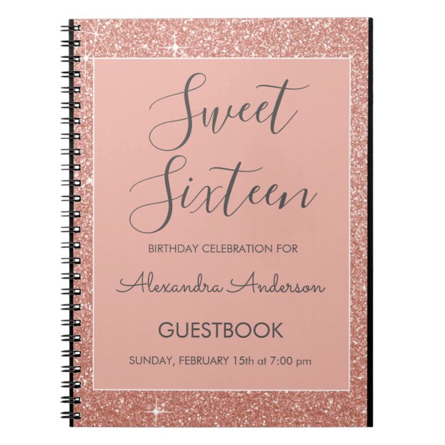 Cuaderno Rosa Gold Sparkle Purpurina Sweet 16 Guestbook (Frente)