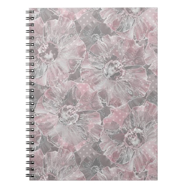 Cuaderno Rosa, gris, elegante, grande, flores, rosa, (Frente)