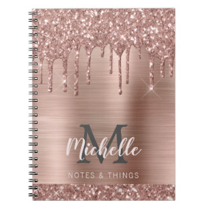 Cuaderno Rosa monogramado de goteo Purpurina de oro en Meta