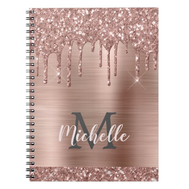 Cuaderno Rosa monogramado de goteo Purpurina de oro en Meta (Frente)