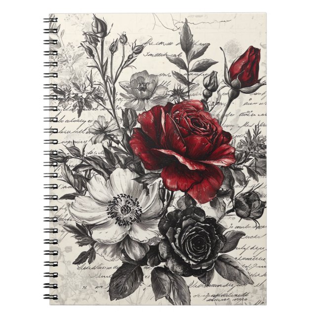 Cuaderno Rosa Negra Roja Flores de Manuscrito Antiguo (Frente)