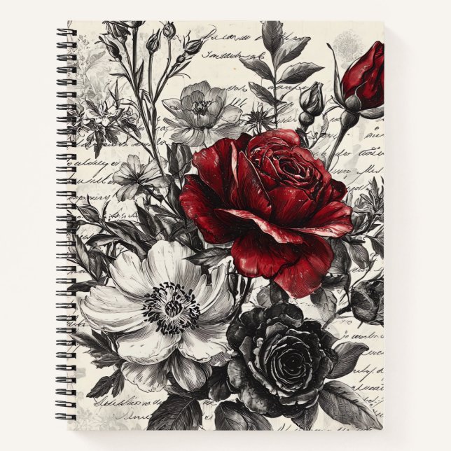 Cuaderno Rosa Negra Roja Flores de Manuscrito Antiguo (Anverso)