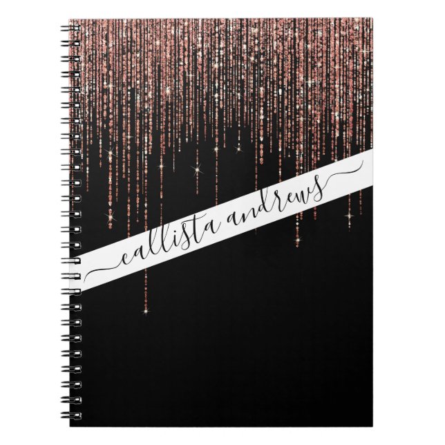 Cuaderno Rosa negro de lujo Oro Sparkly Purpurina Fringe (Frente)