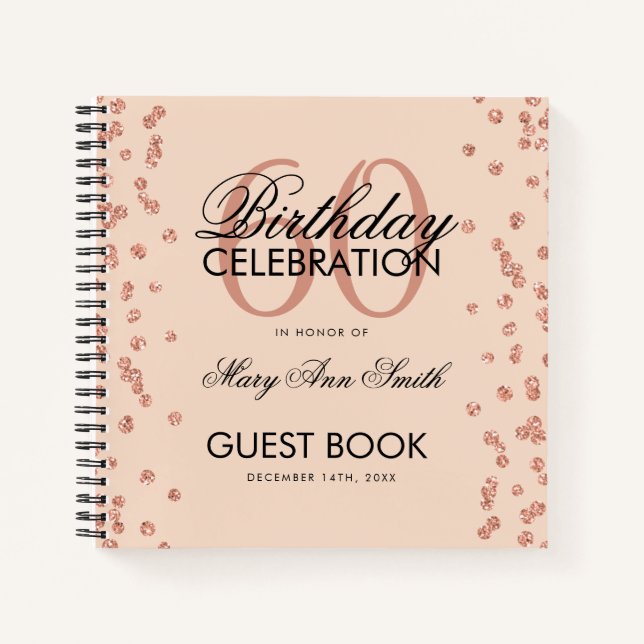 Cuaderno Rosa Oro 60 cumpleaños Guestbook Confetti Rubor (Anverso)