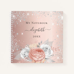 Cuaderno Rosa oro floral plata follaje nombre purpurina
