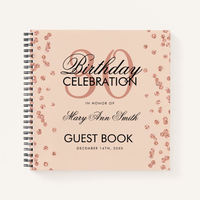 Cuaderno Rosa Oro Rubor 30 cumpleaños Guestbook Confetti (Anverso)