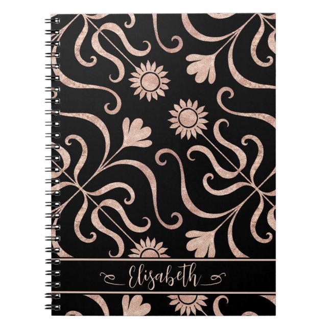 Cuaderno Rosa Oro y Negro Floral Damask Sunflower Clásico (Frente)