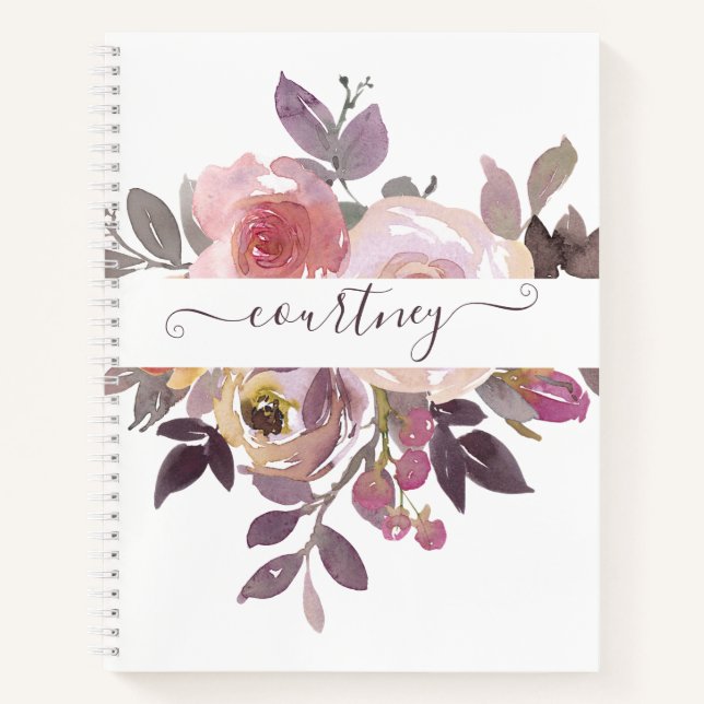 Cuaderno Rosa pastel y floral personalizado morado   (Anverso)