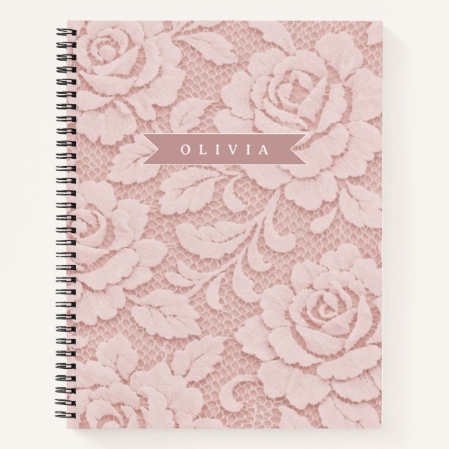 Cuaderno Rosa personalizado de encaje floral romántico (Anverso)