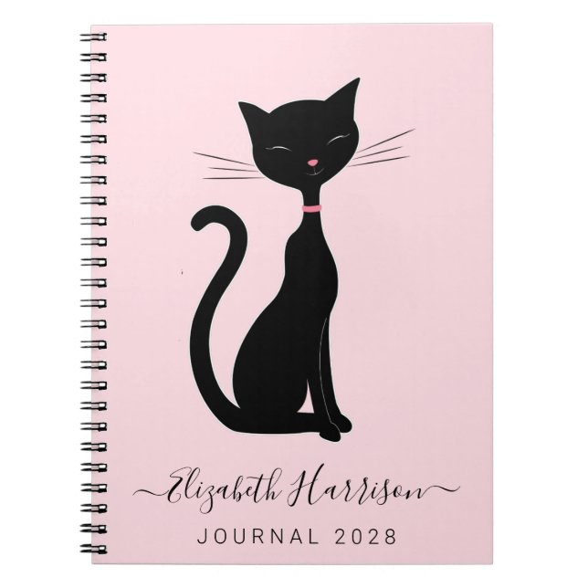 Cuaderno Rosa personalizado de gato negro de moda (Frente)