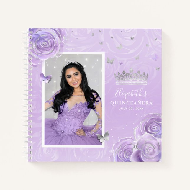 Cuaderno Rosa púrpura plateado Elegante Invitado Quinceaner (Anverso)