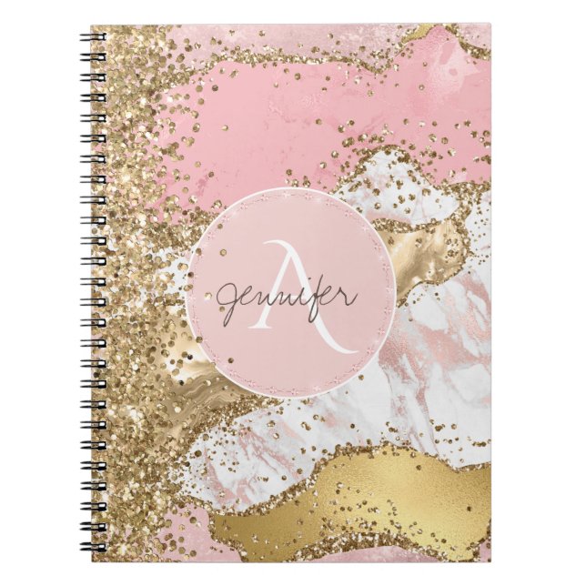 Cuaderno Rosa Purpurina de oro Agate Modern Elegant Monogra (Frente)