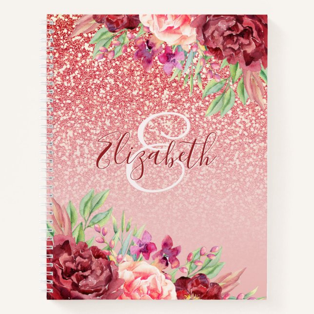 Cuaderno Rosa Purpurina de oro Borgoña Floral personalizada (Anverso)