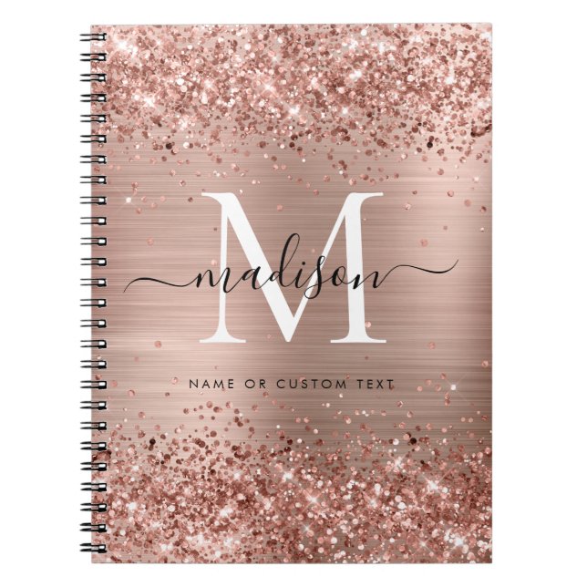 Cuaderno Rosa Purpurina de oro con guión de monograma Metal (Frente)