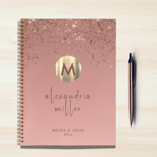 Cuaderno Rosa Purpurina de oro con guión de monograma Metal